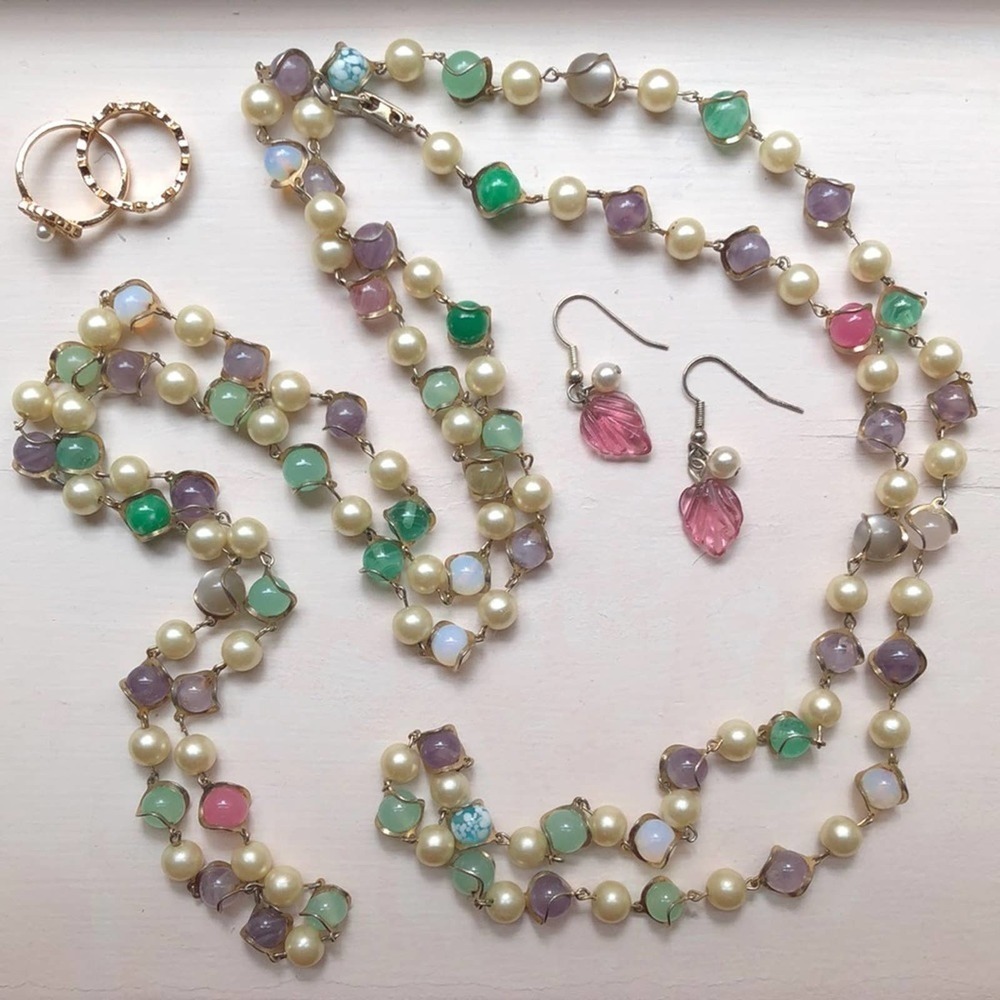 Mermaid Core Jewelry Bundle with Fake Pearls - Necklace, Earrings, and Rings